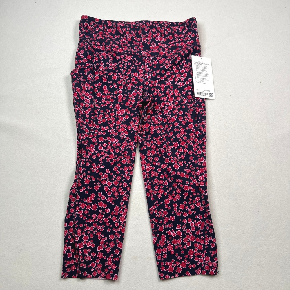 Lululemon Fast and Free HR Crop 19"‎ Pockets Floral Pink Red Navy Nulux Size 10